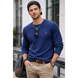 US Polo Assn. Men’s Medium Waffle Knit Thermal Shirt Blue Long Sleeve Pony Logo